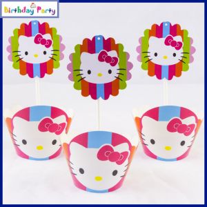 Hello Kitty Theme Cup Cake Wrapper  & toppers(24 Pcs In A Pack)